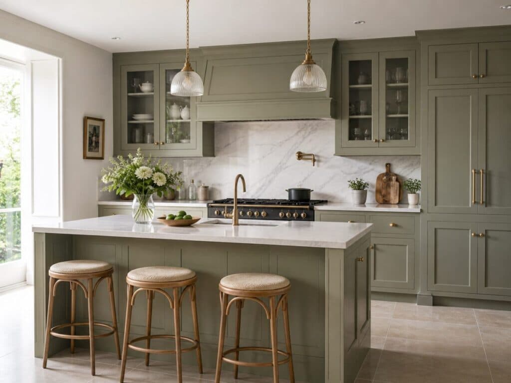 Sage green shaker kitchen with marble island